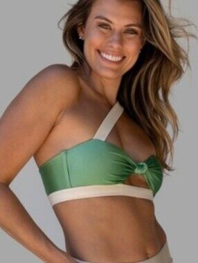 One-Shoulder Green and Cream Knot-Front Bikini Top